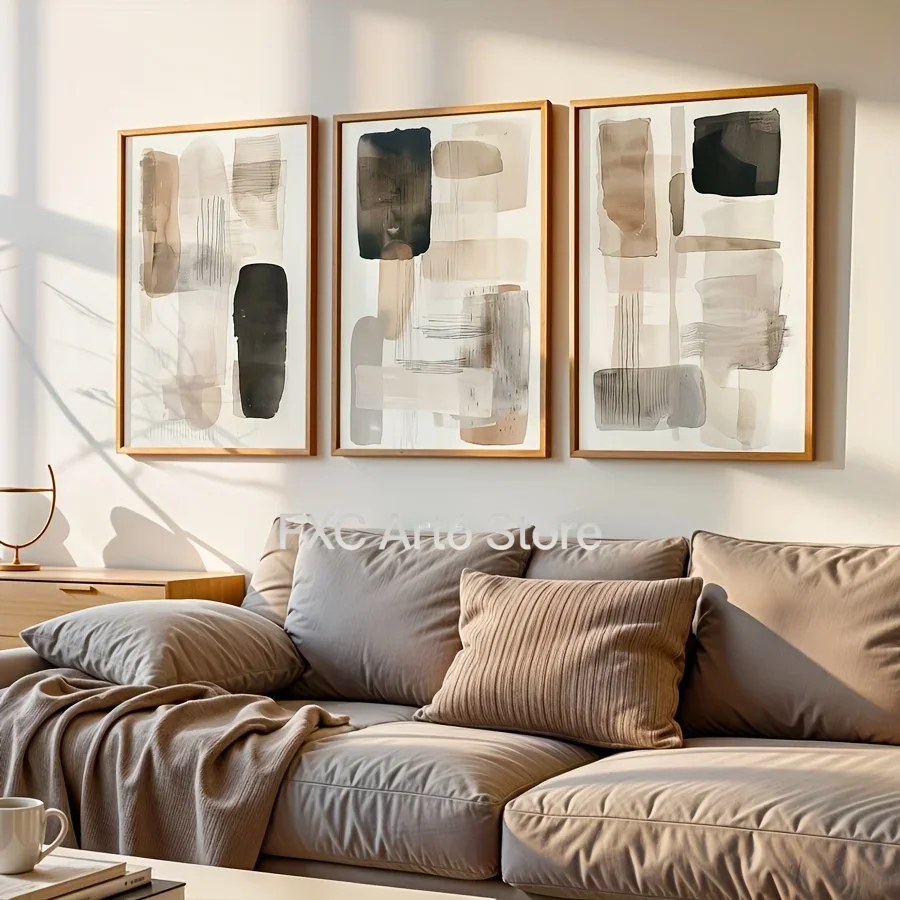 Photography Geometry - 3PC frameloze zwart-beige eenvoudige geometrische canvasdrukken